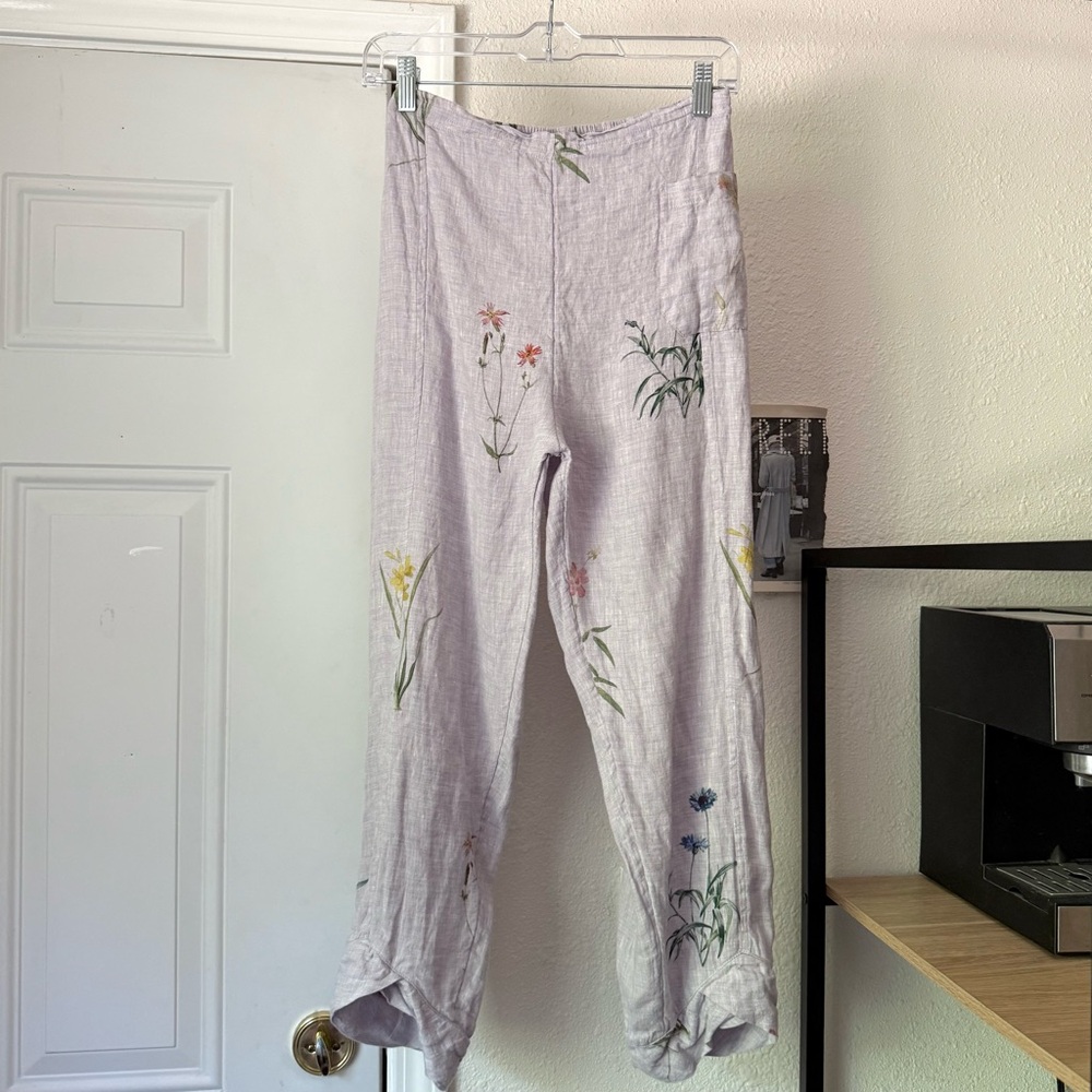MANAN lavender lilac dusty purple linen elastic waist‎ floral botanical pants